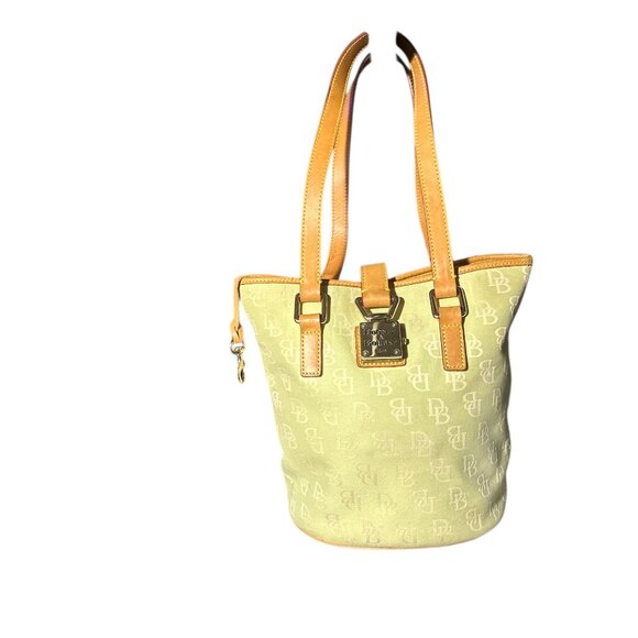 Dooney & Bourke Light Green Monogram Canvas Bucket Tote Bag With Leather Trim - Picture 1 of 16